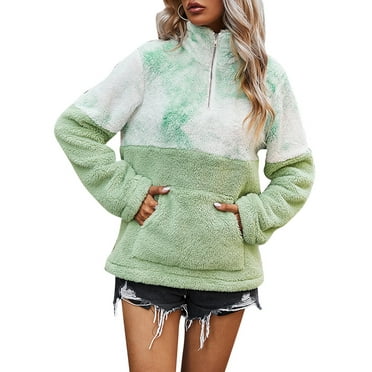 WSPLYSPJY Womens Long Sleeve Fleece Zip Sweatshirt Color Block Sherpa Pullover Sweatshirt 